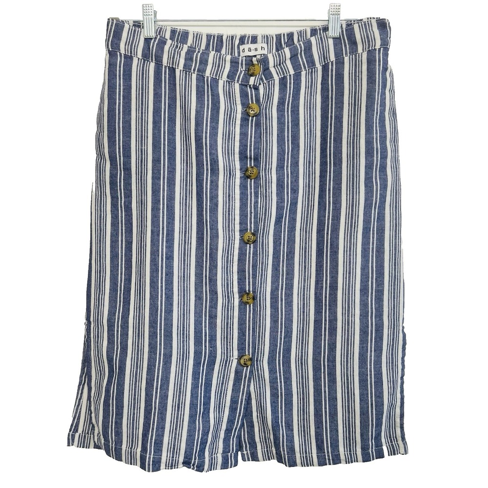 Dash Blue White Striped Button Front Linen Midi Skirt Coastal Pockets M